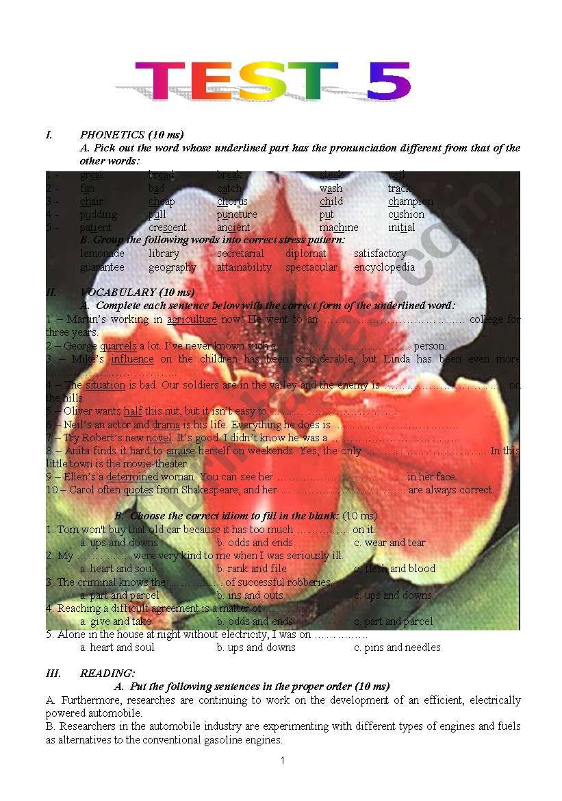 TEST 5 - ADVANCED STUDENTS worksheet