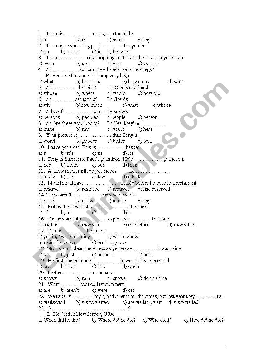 revision exam for intermediate students