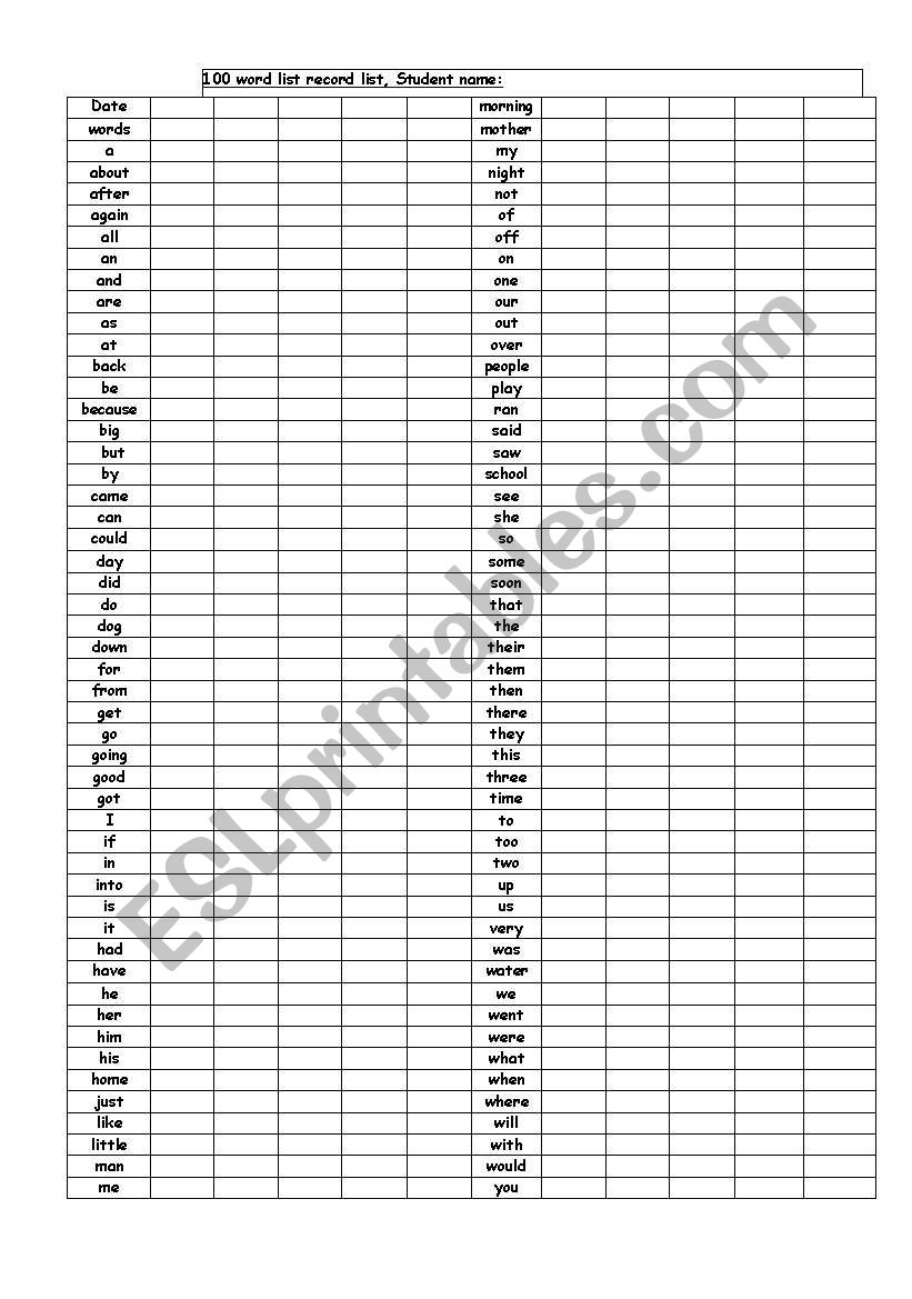 100 words individual student record sheet