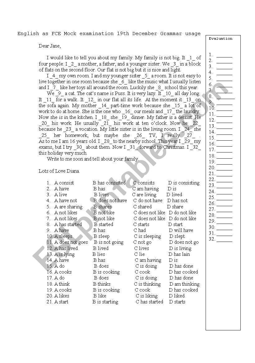 A mock FCE (tenses Present simple/continuous/present perfect simple)