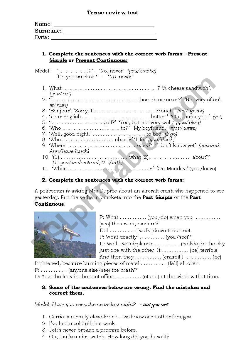 Tense review test worksheet