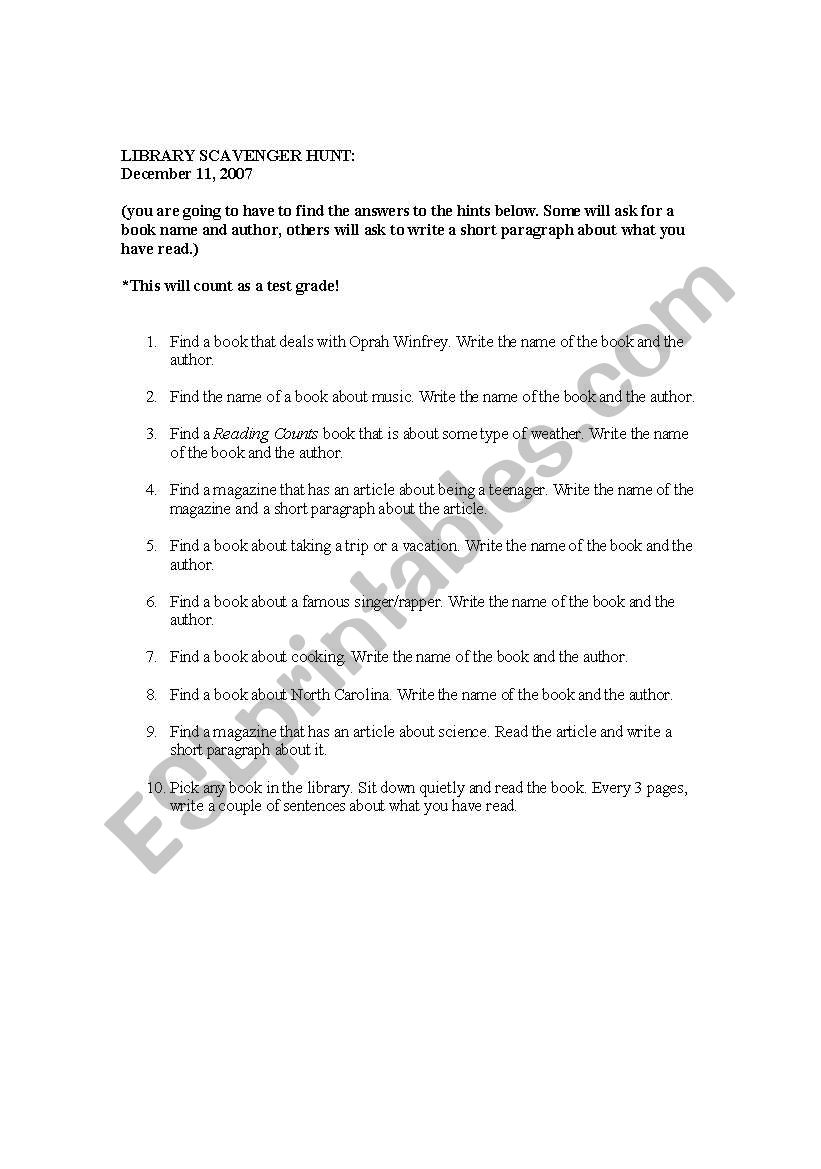 Library Vocabulary worksheet