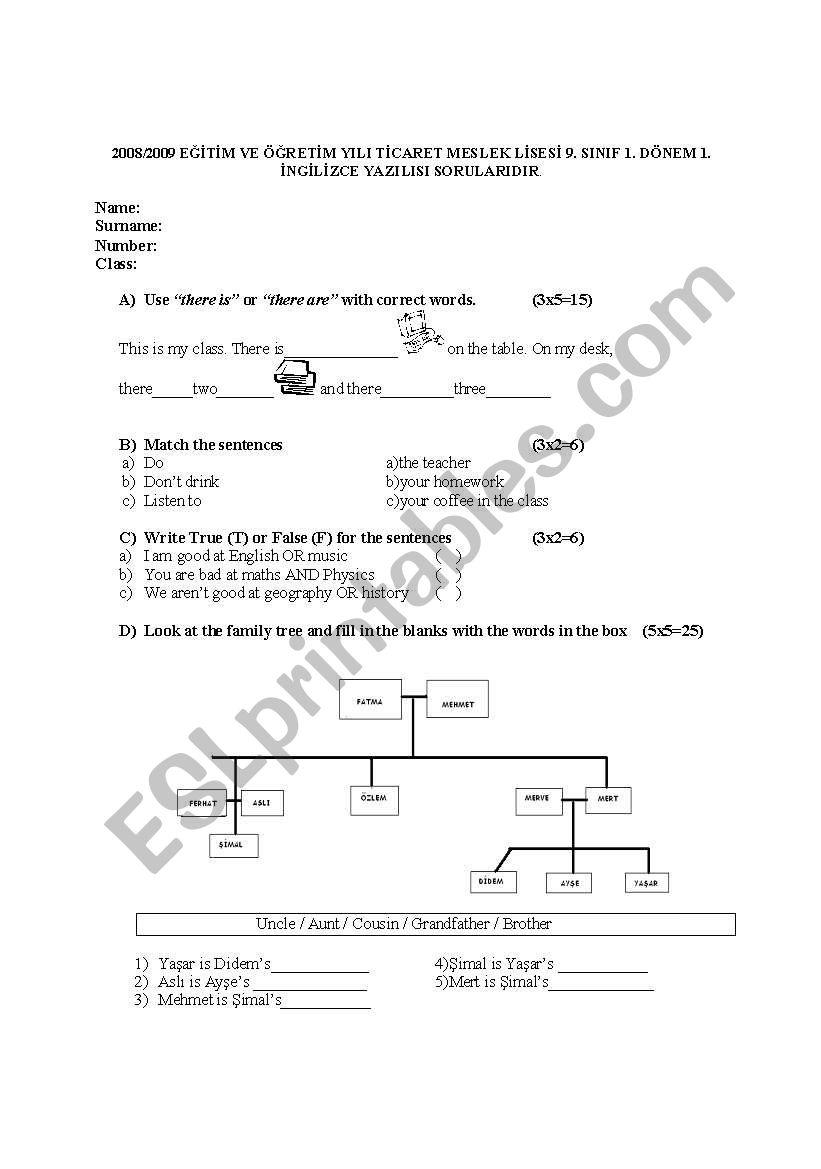 high school exam worksheet