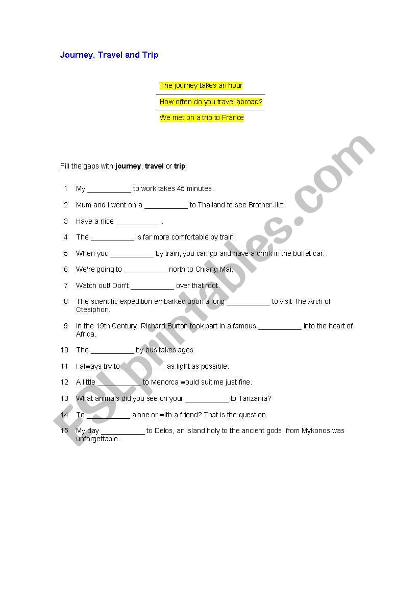 JOURNEY, TRAVEL AND TRIP worksheet