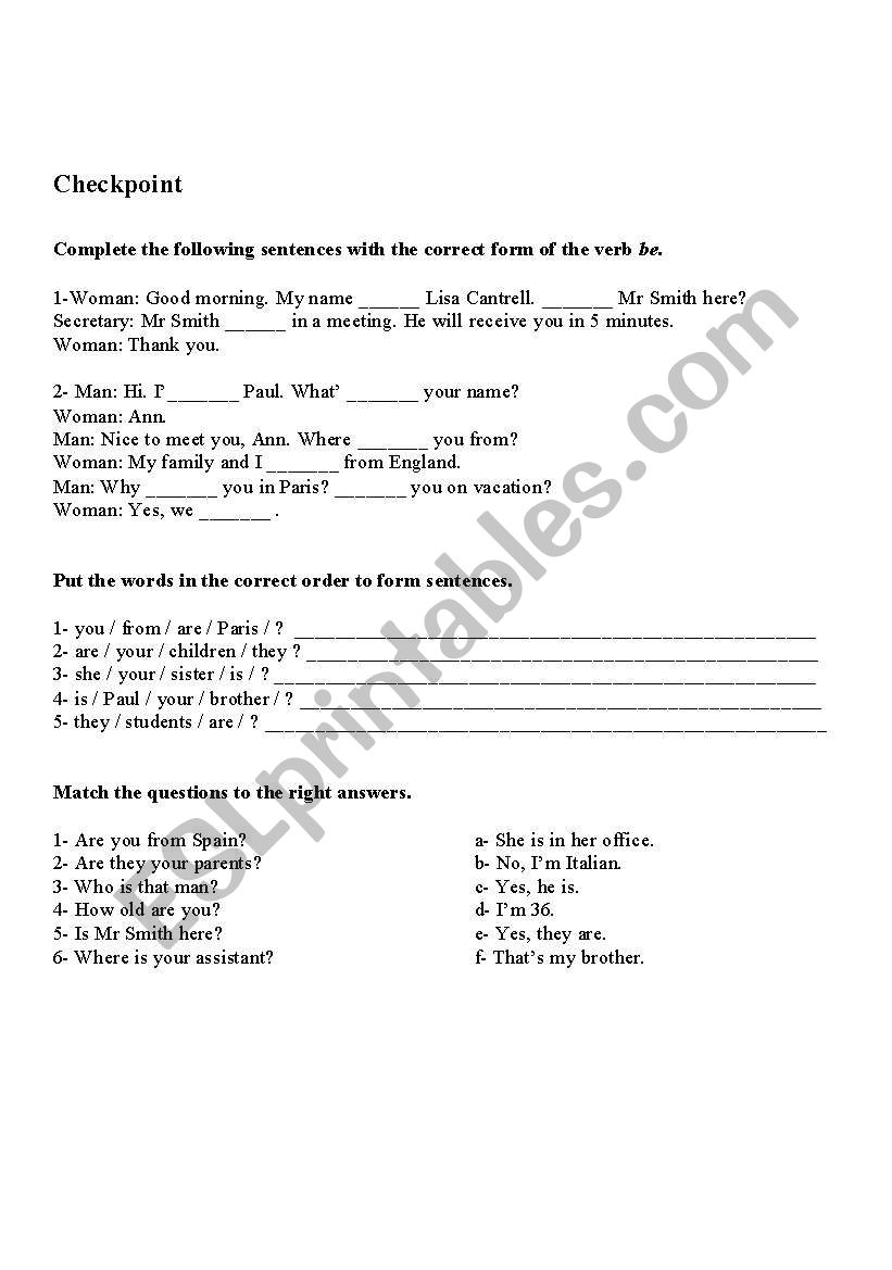 Test on TO BE: Checkpoint worksheet