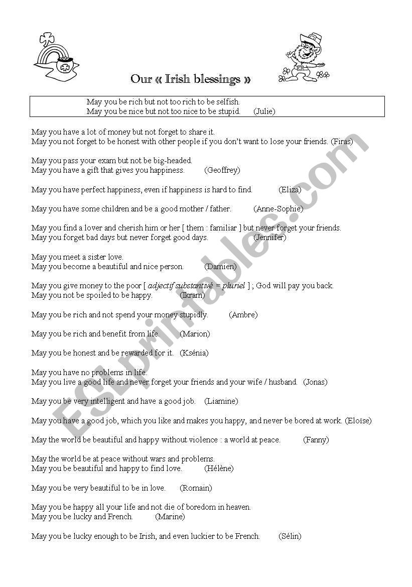 Our Irish blessings worksheet