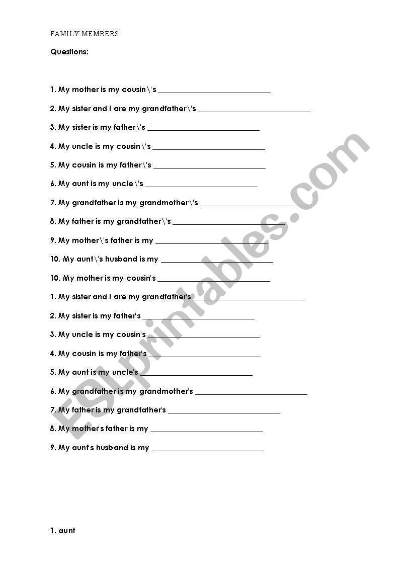 family member exercises worksheet