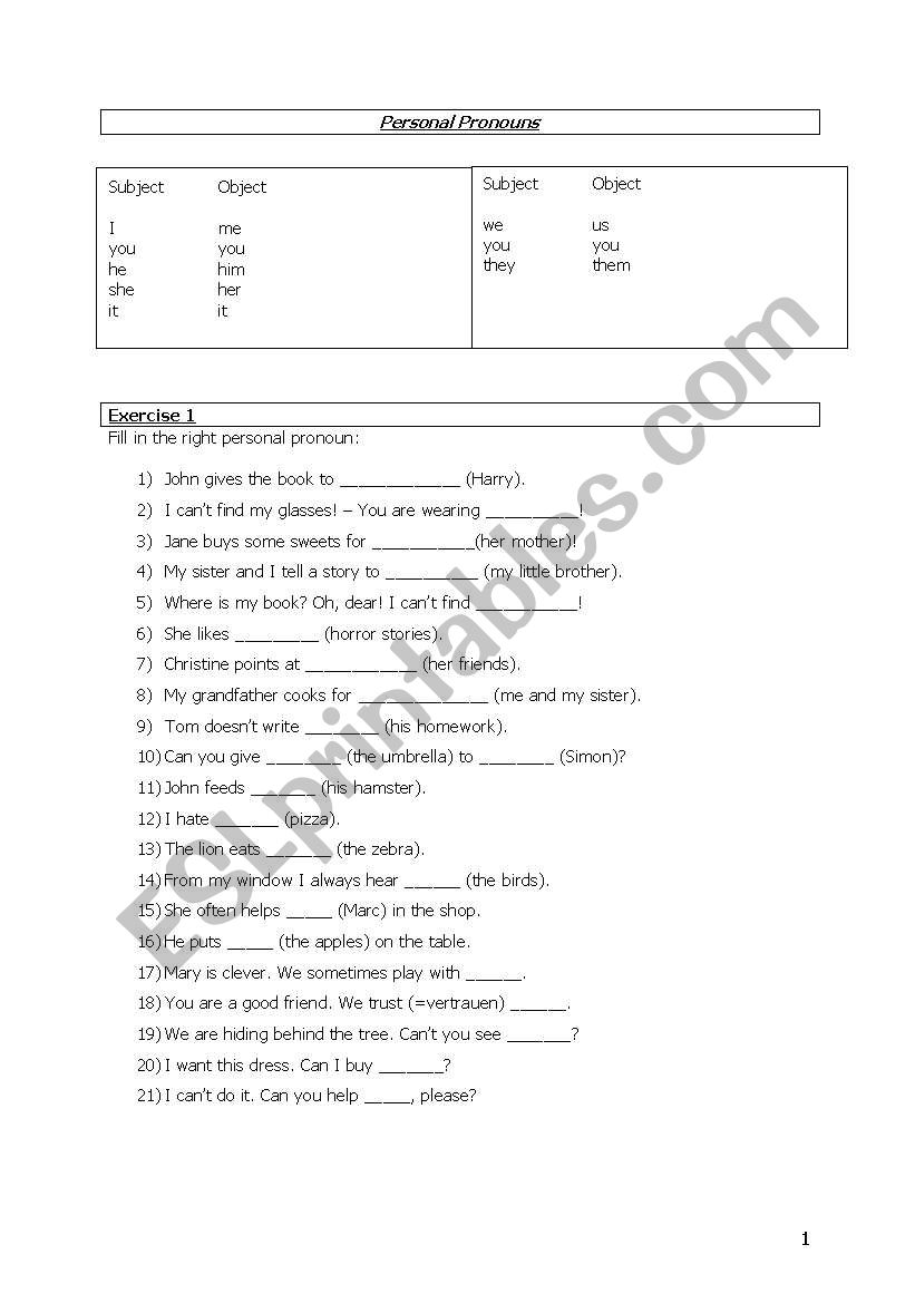 Personal Pronouns worksheet