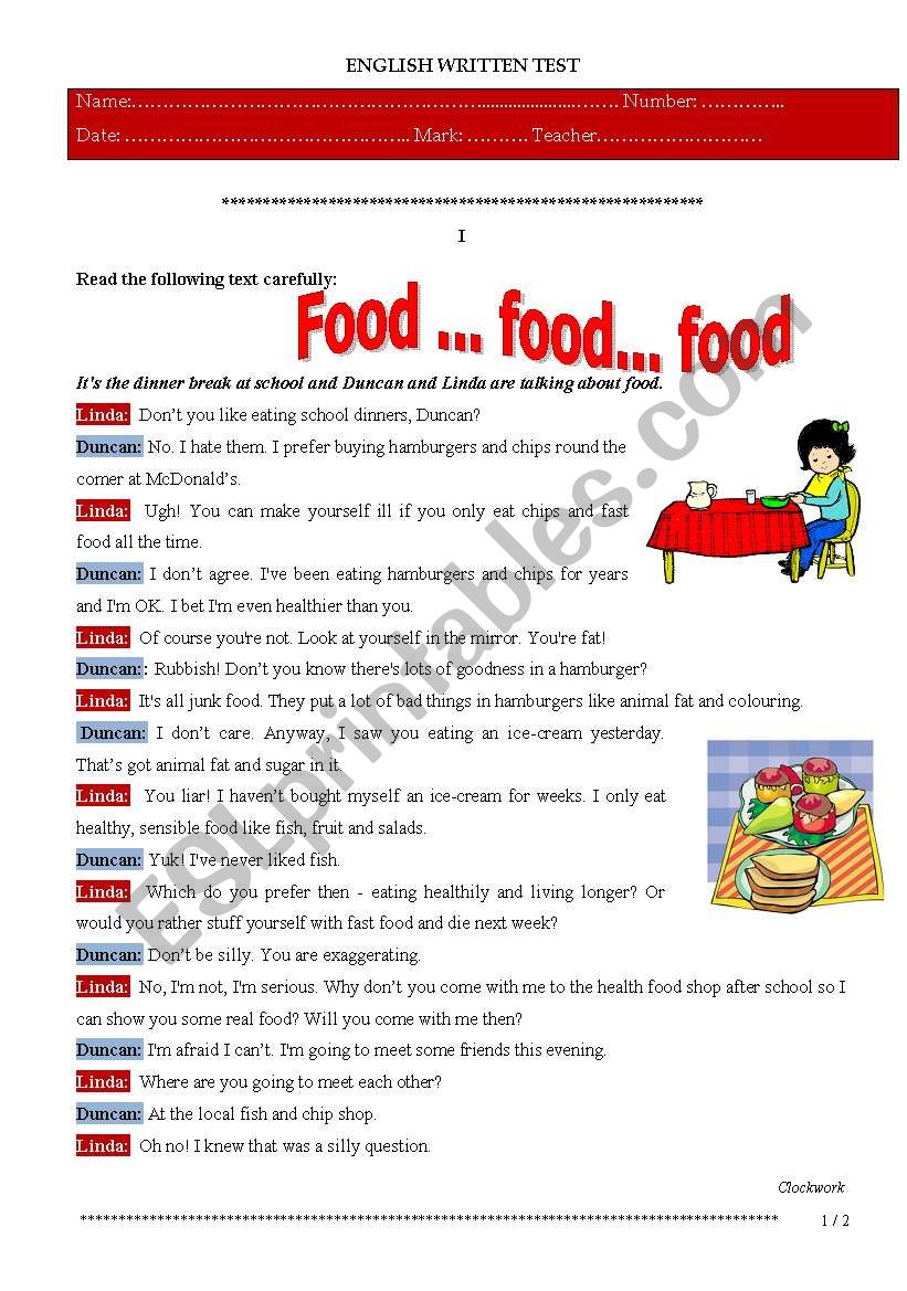 Food worksheet