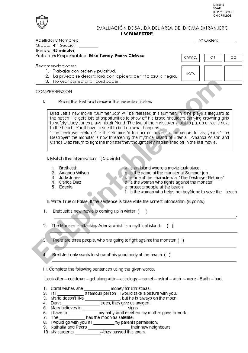 exam worksheet