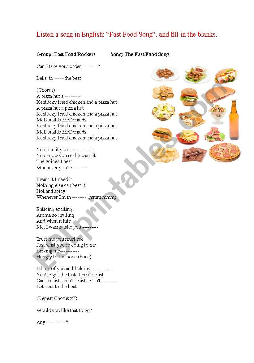 fast food song worksheet