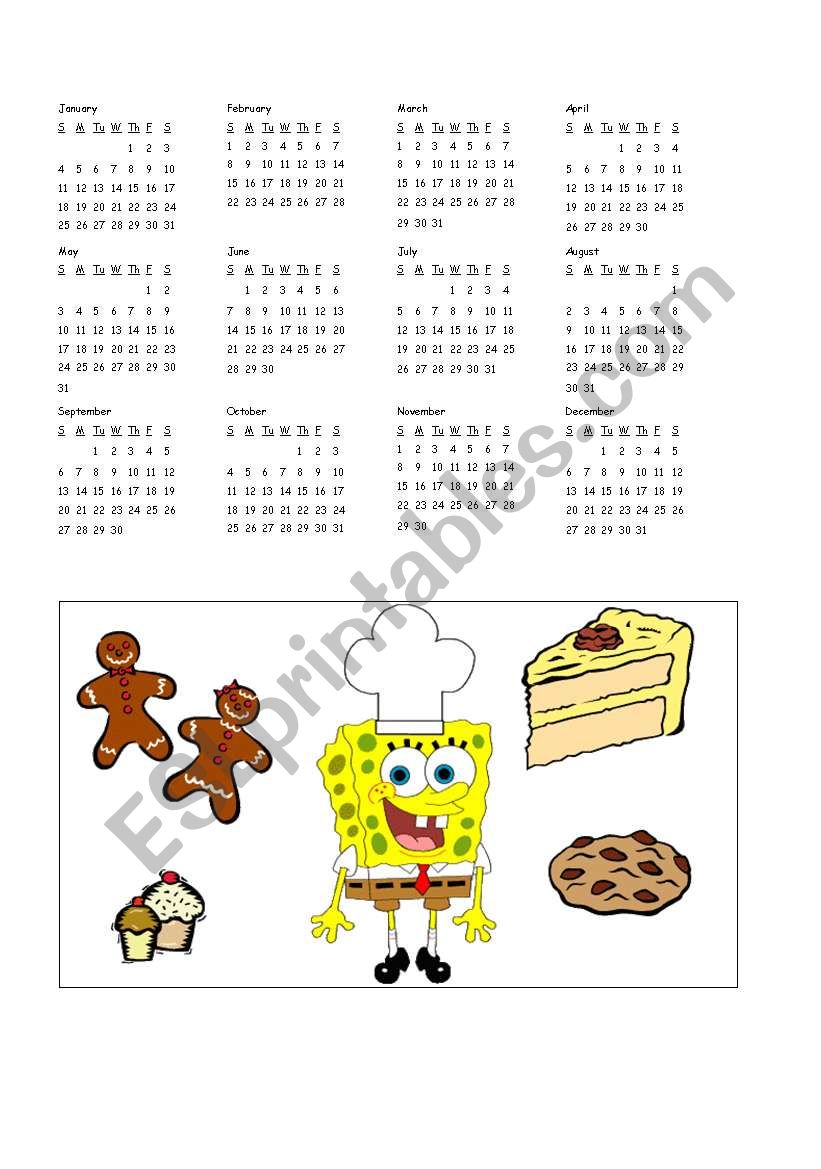 2009 calender with sponge bob worksheet