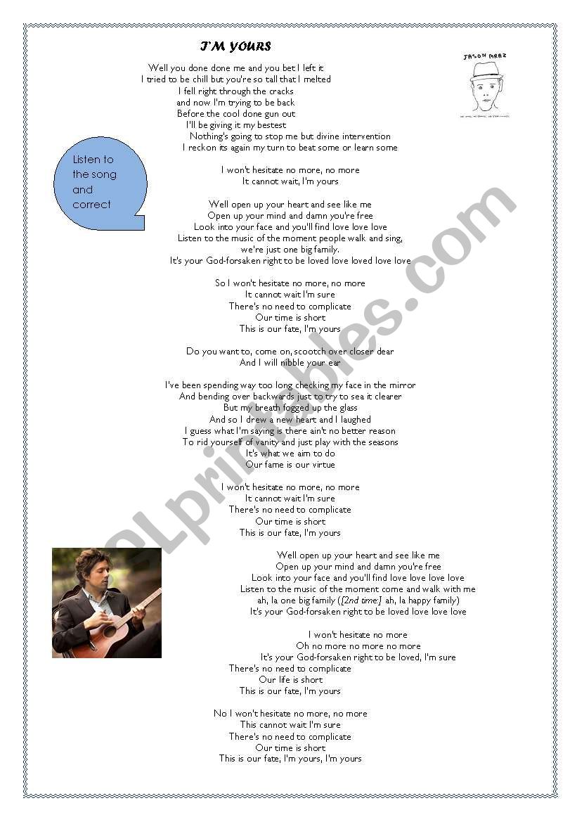 Im yours by Jason Mraz worksheet