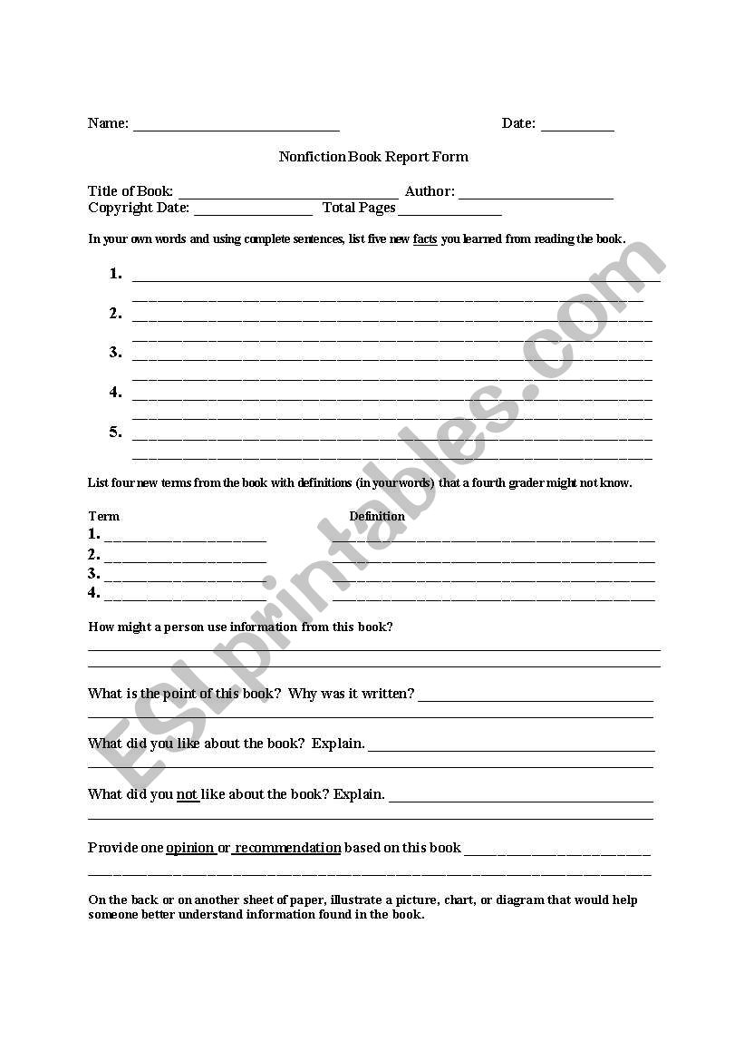 Non-fiction Book Report Form worksheet
