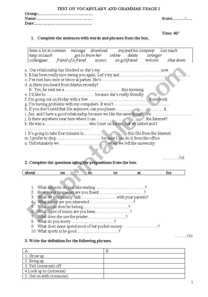 test - lexis and grammar worksheet