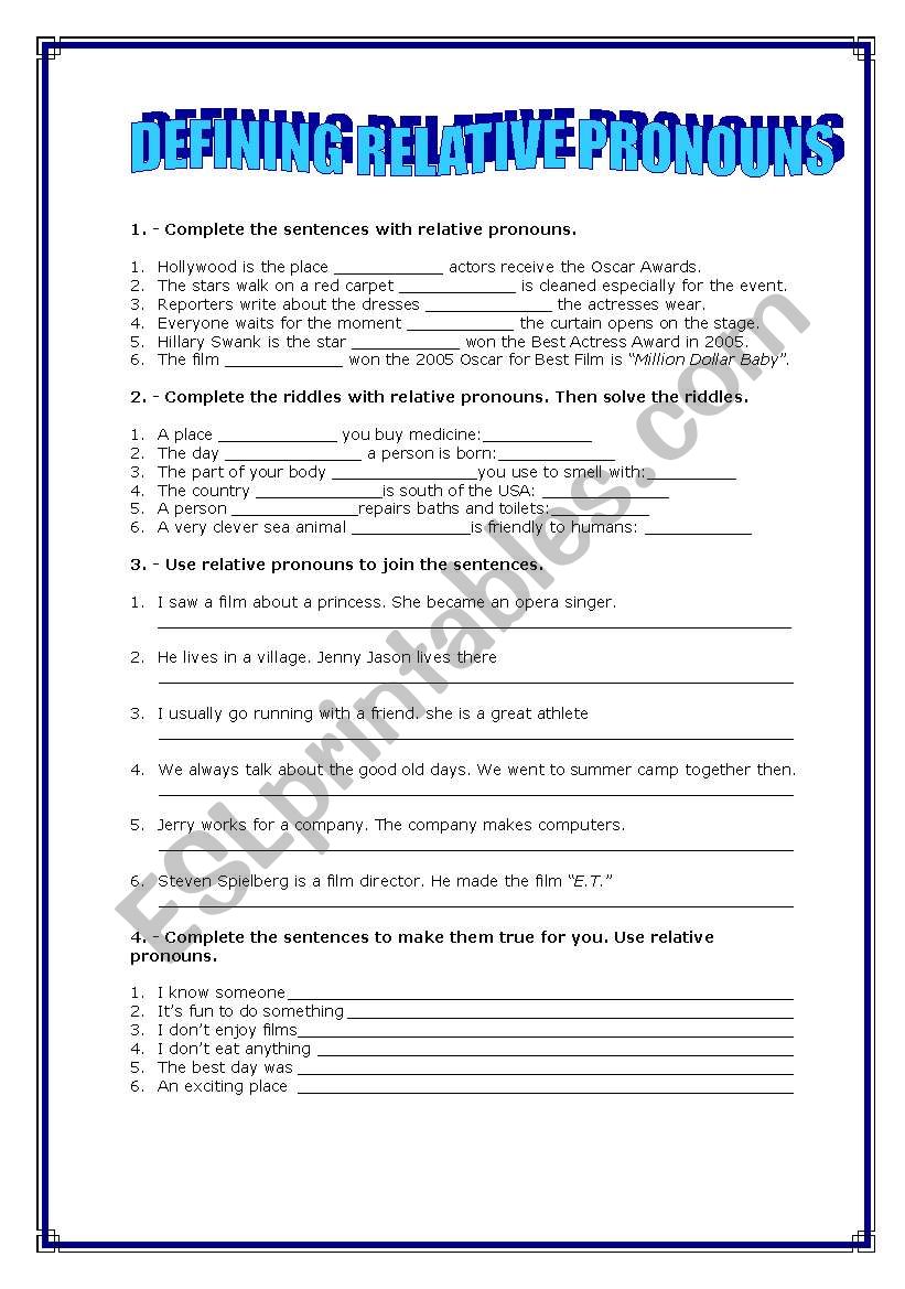 Defining relative pronouns worksheet