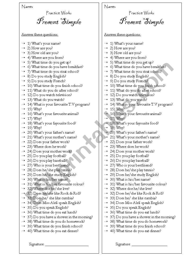 50 questions Simple Present worksheet