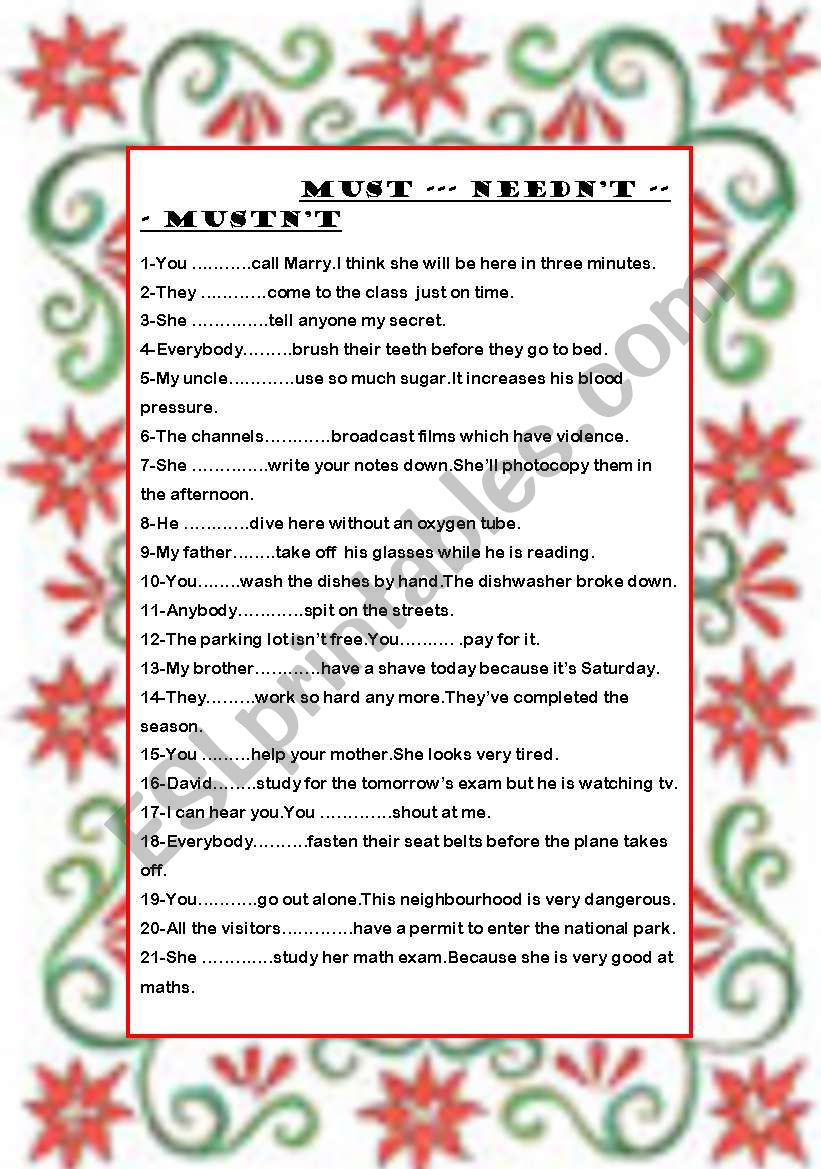 MUST -- MUSTNÂ´T -- NEEDNÂ´T worksheet