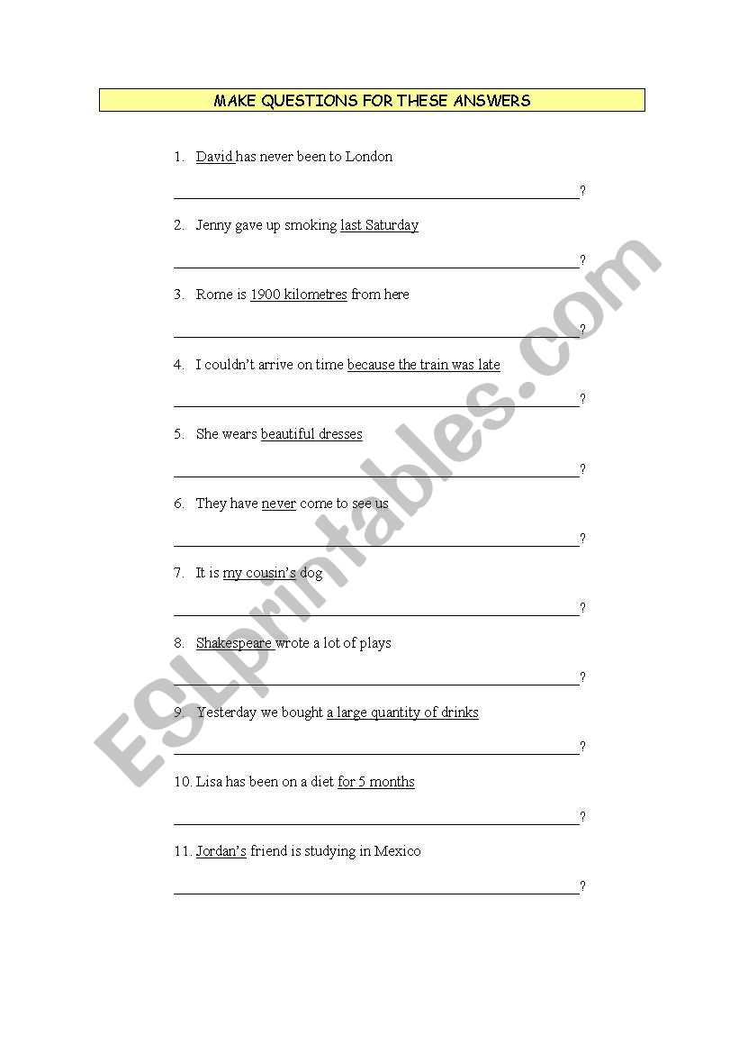 QUESTIONS TO ANSWERS worksheet