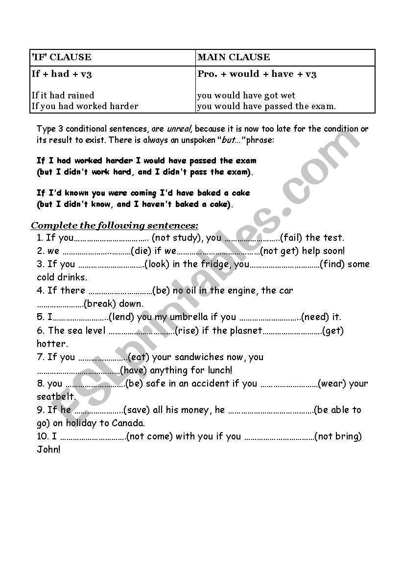 Type 3 conditional sentences worksheet