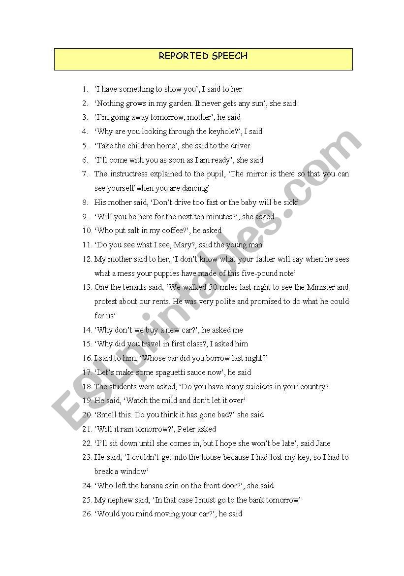 REPORTED SPEECH worksheet