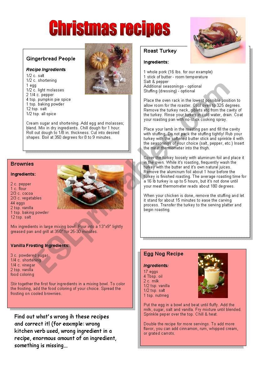 Christmas recipes worksheet