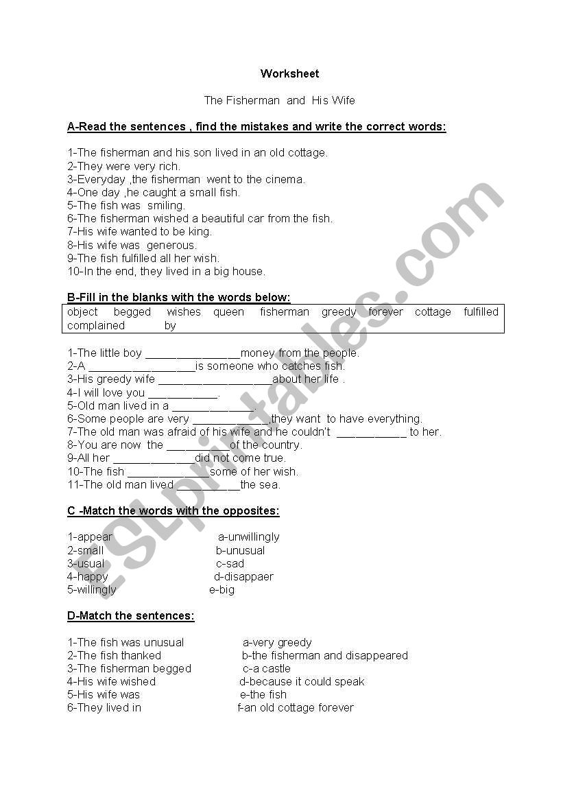 the fisherman and his wife worksheet
