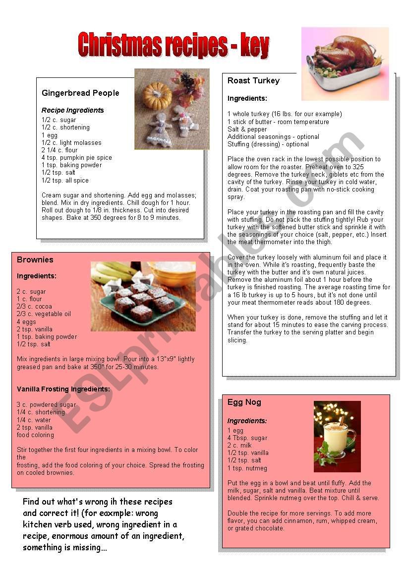 chirstmas recipes - key worksheet