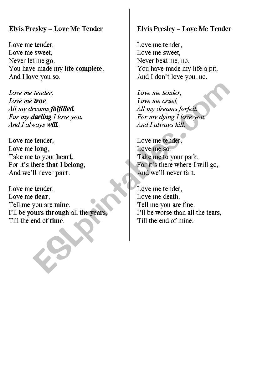 Elvis Presley - Love Me tender lyrics worksheet
