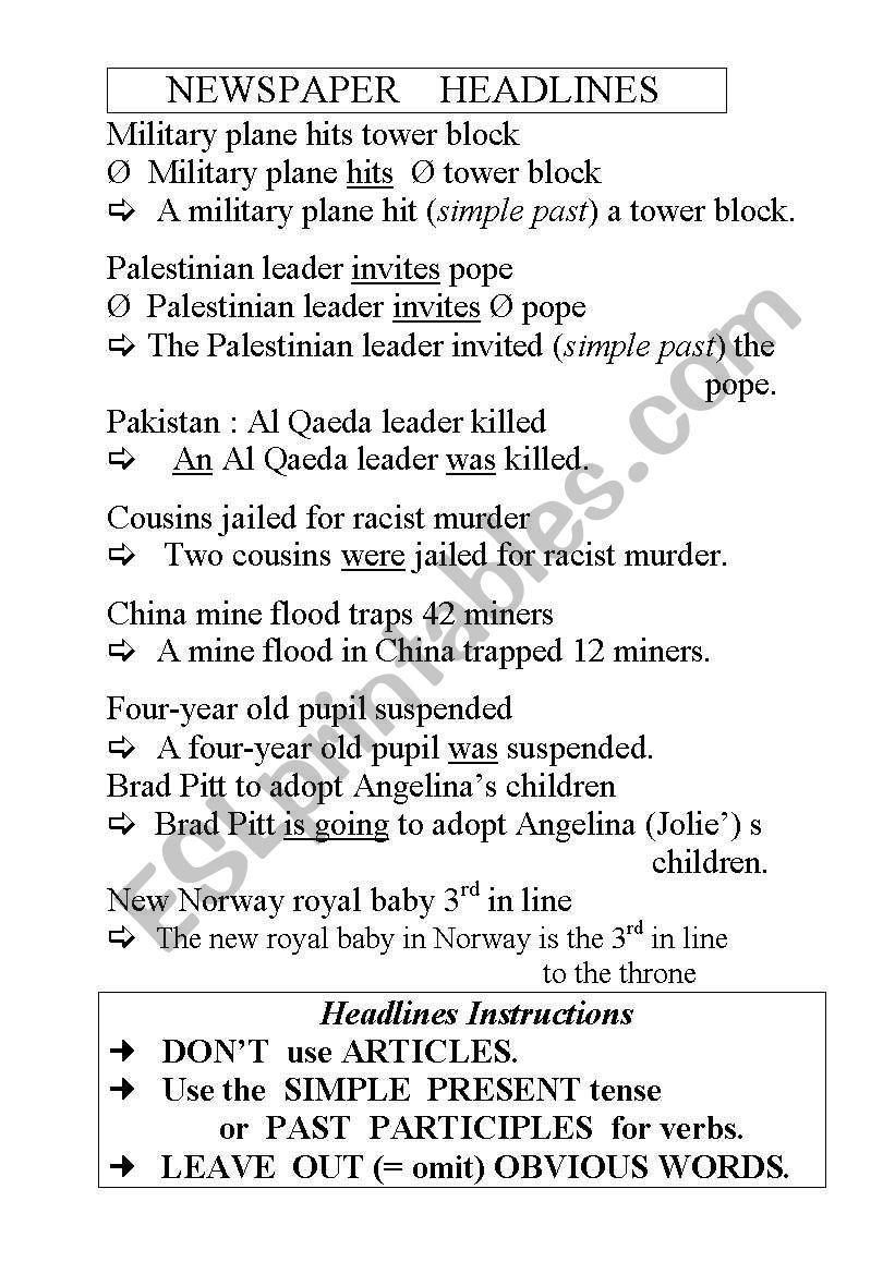 Headlines instructions worksheet