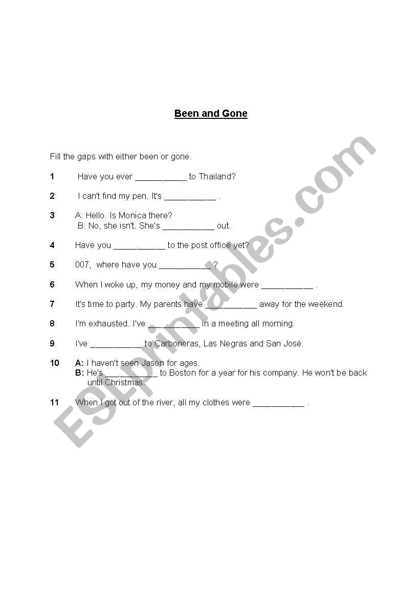 Been and Gone gap exercises worksheet