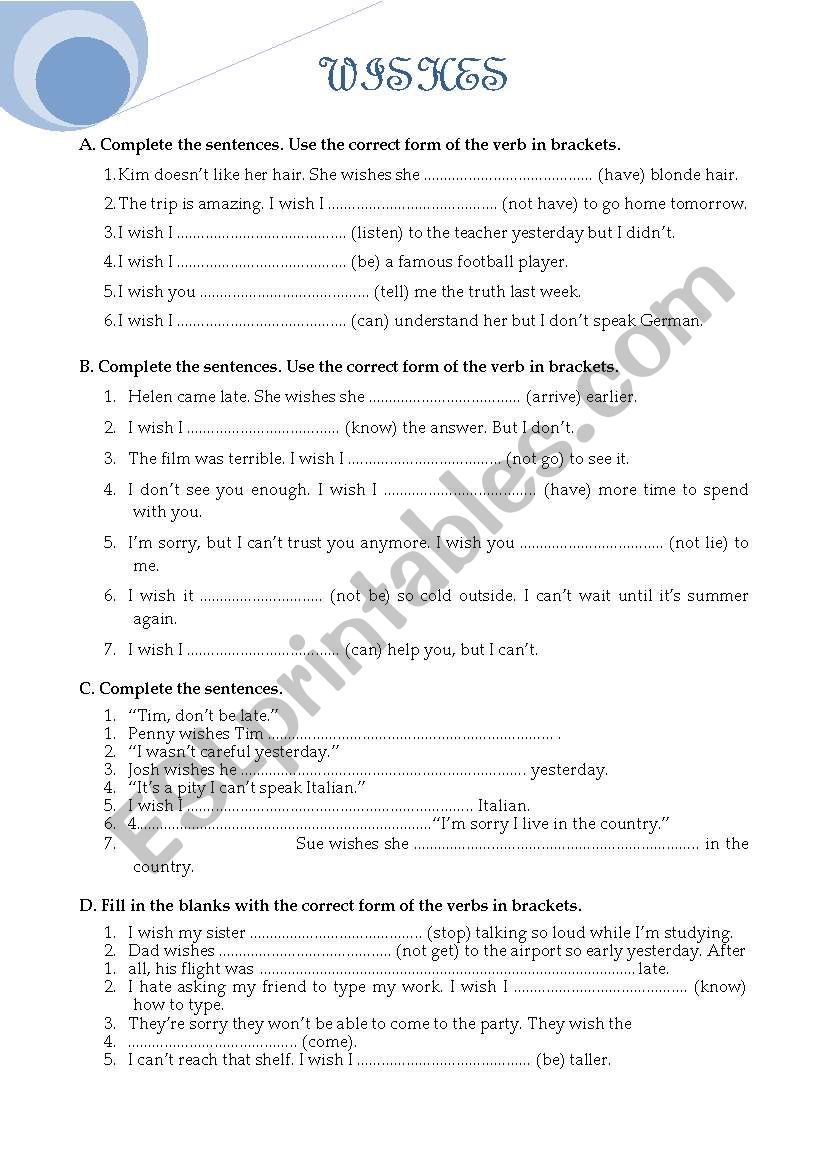 WISHES worksheet