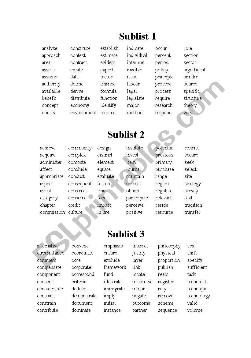 The Academic Word List worksheet