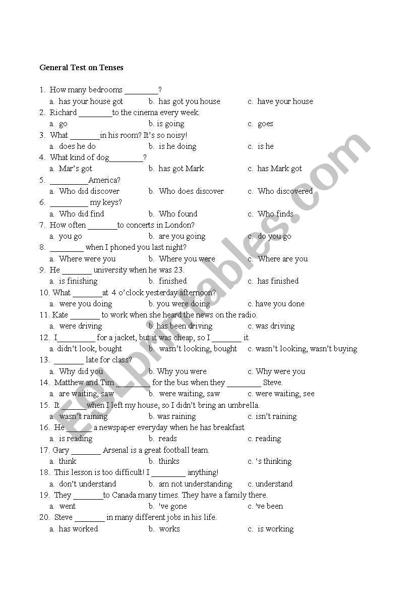 a general test on tenses worksheet