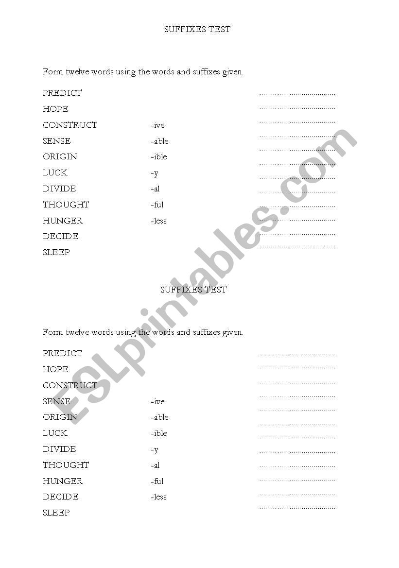 Suffixes test worksheet