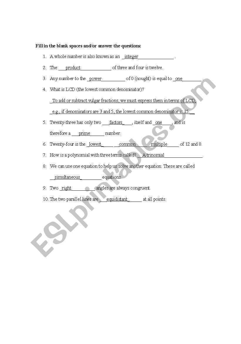 Math vocabulary worksheet