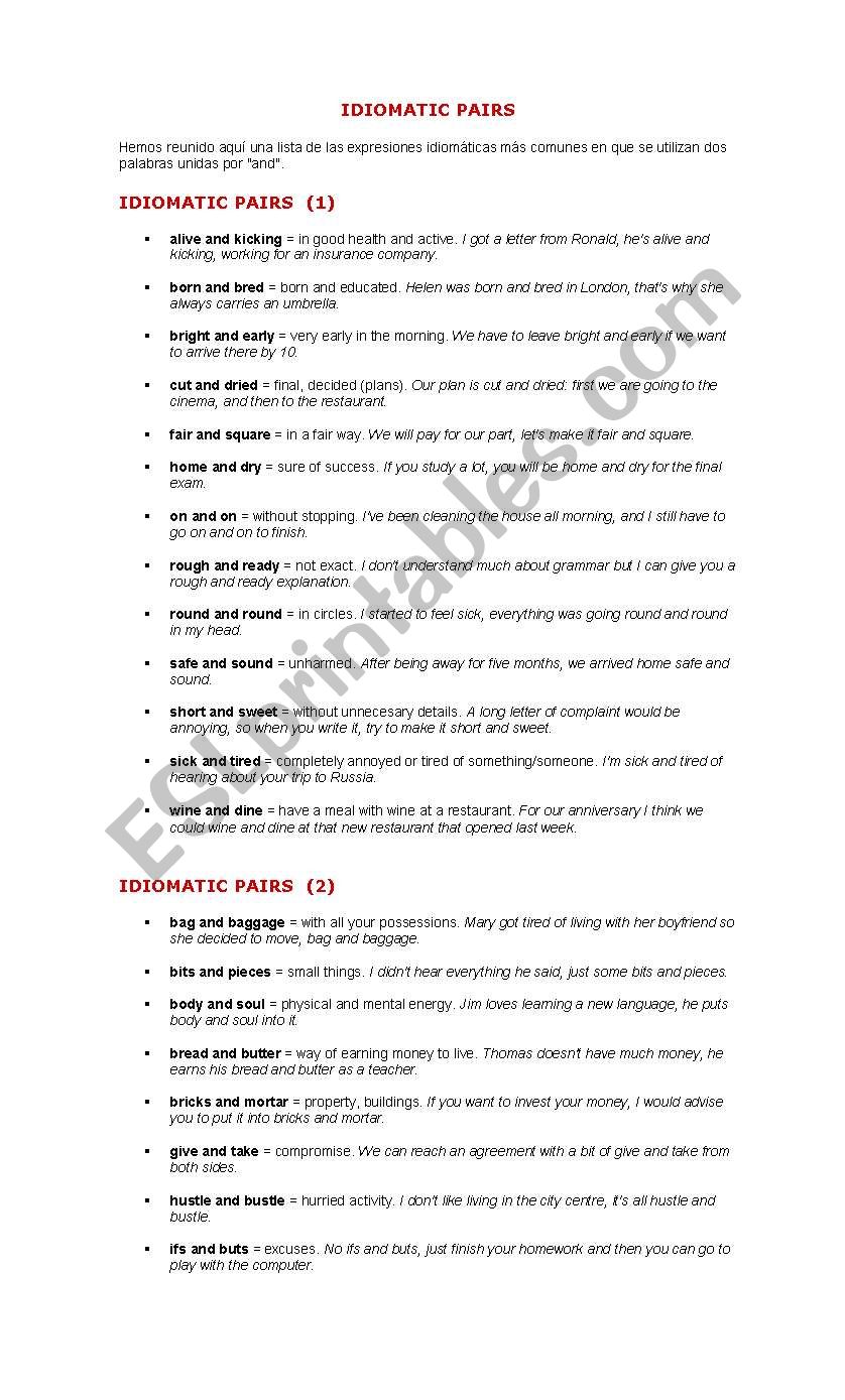 idiomatic pairs worksheet