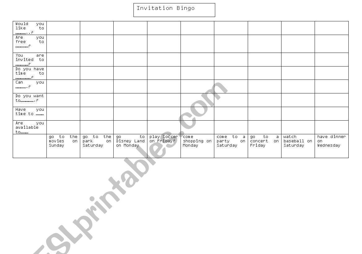 Invitation Bingo worksheet