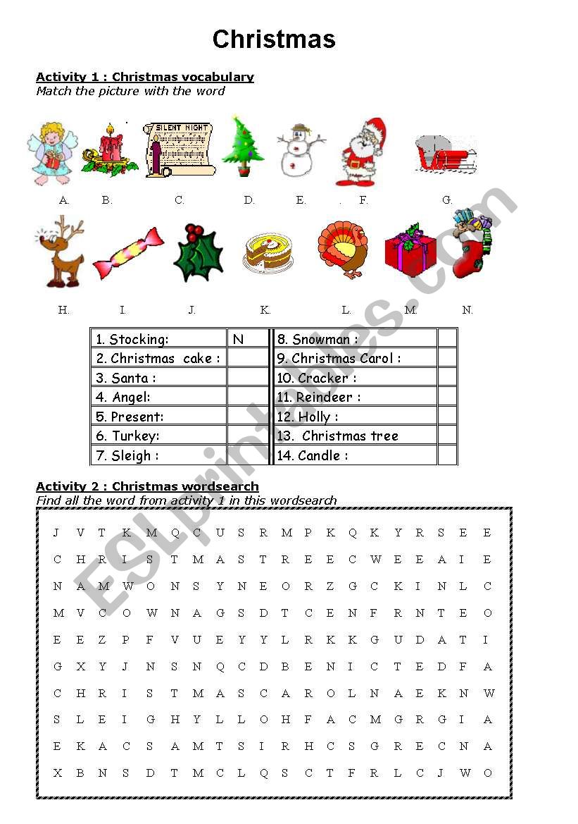 Christmas vocabulary worksheet