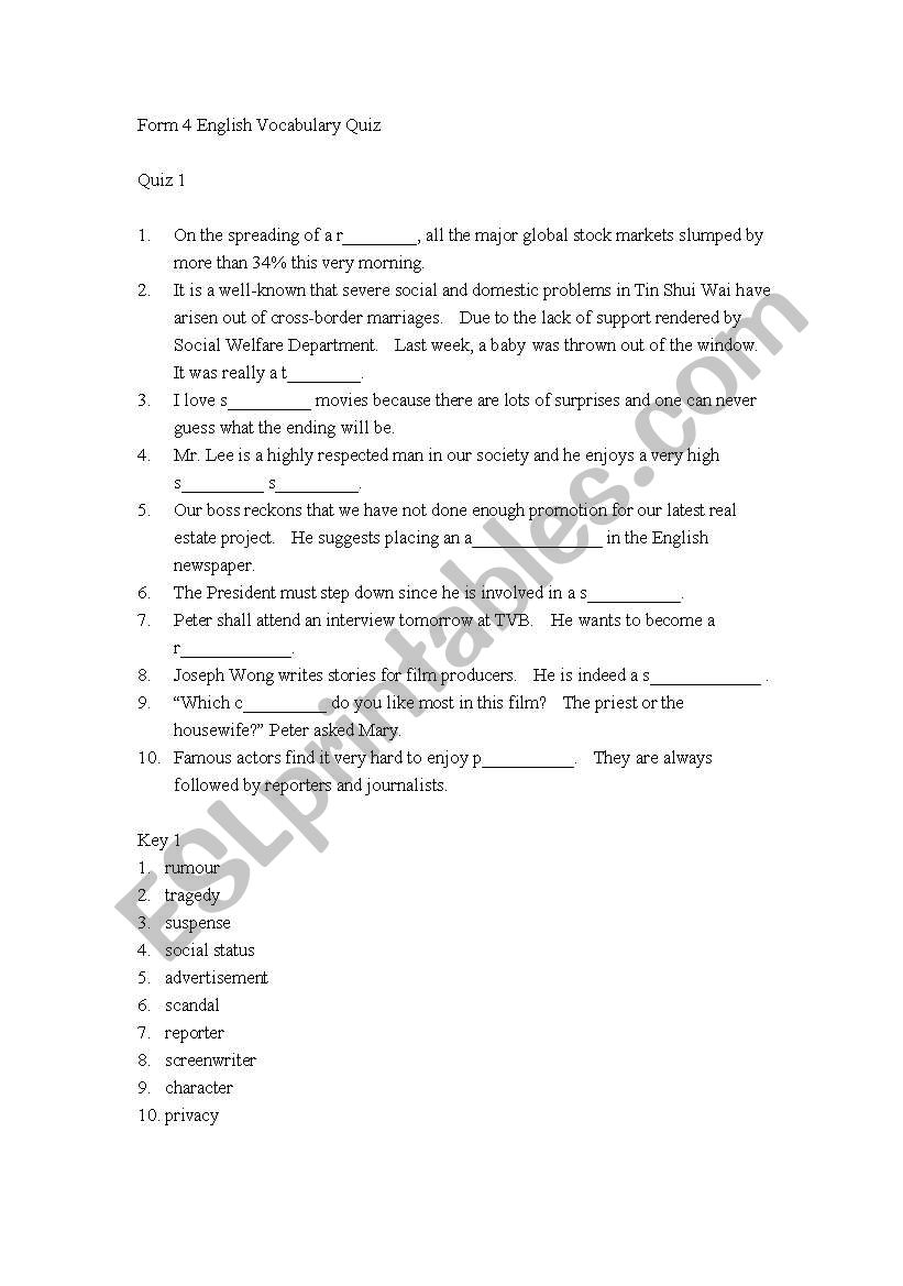 English Vocabulary QUIZ 1 worksheet