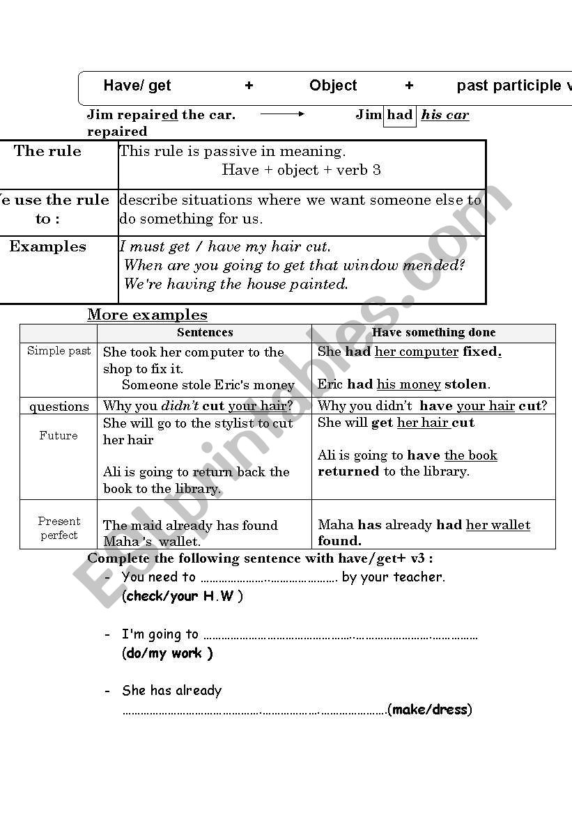 have + sth.+ done worksheet