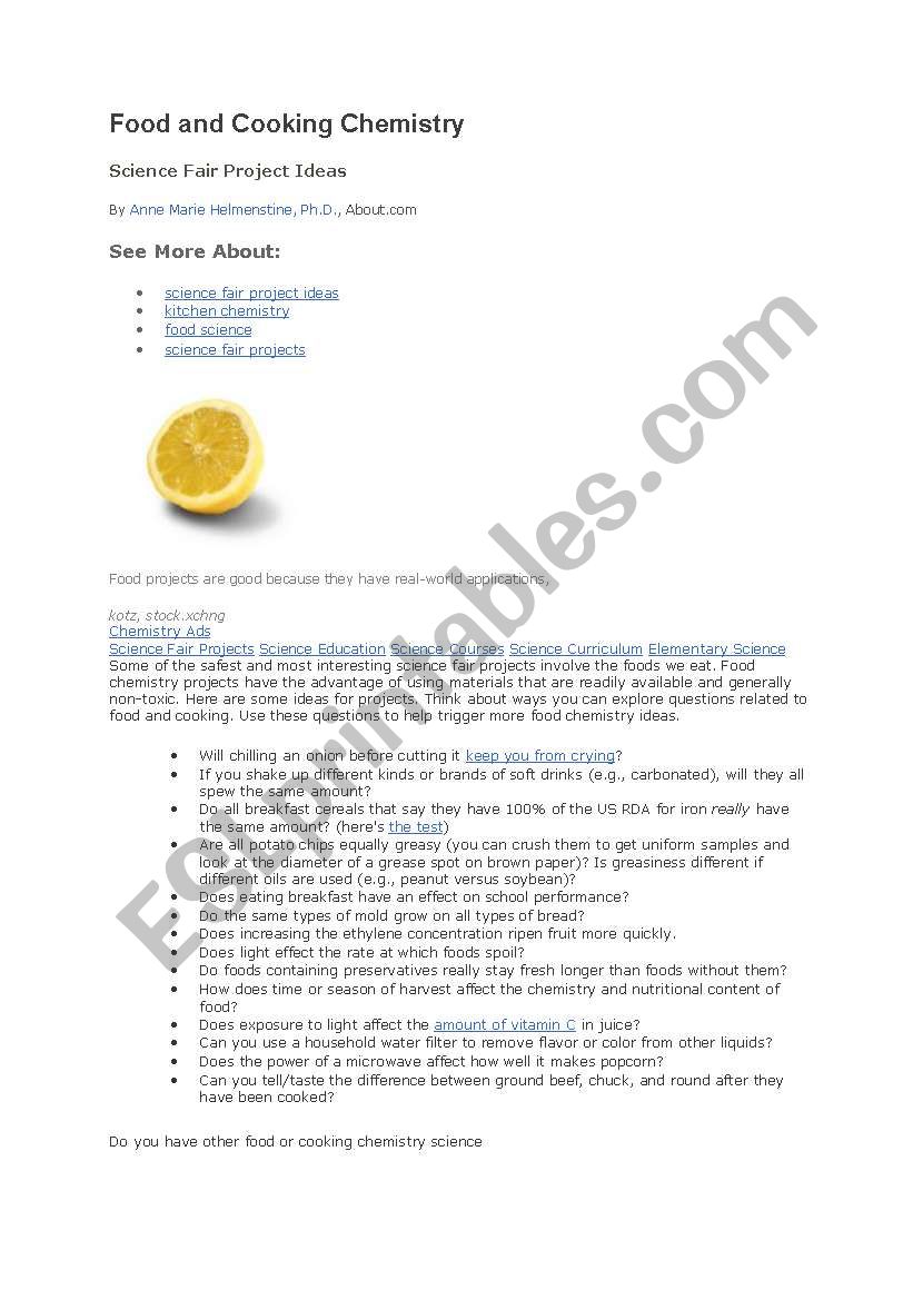on food and cooking worksheet