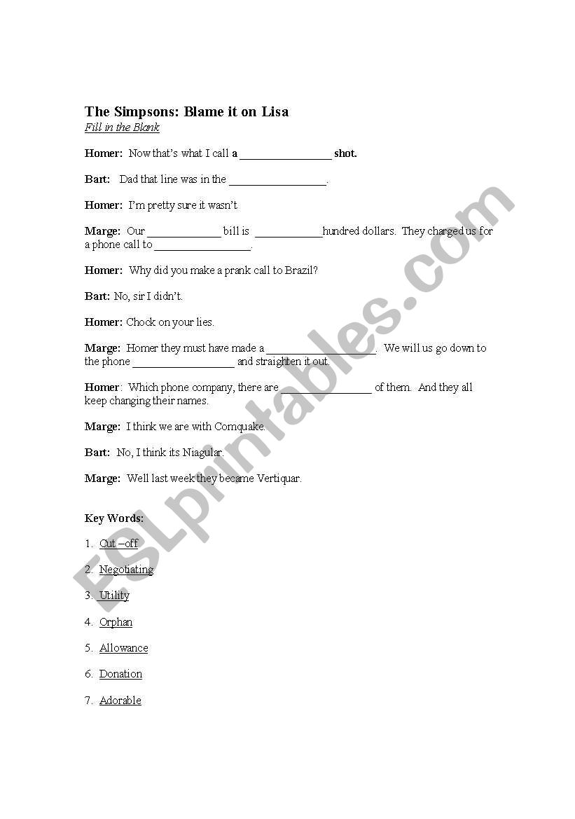 The Simpsons Blame it on Lisa worksheet