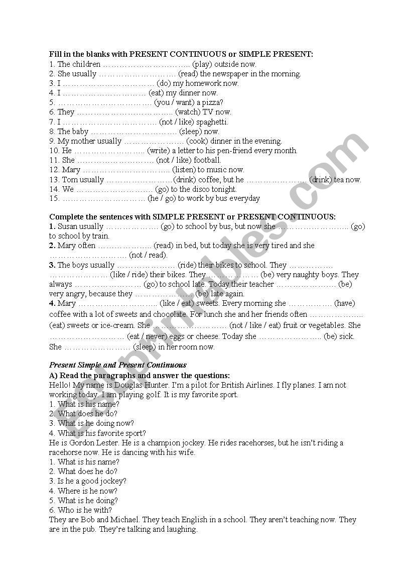 Practice worksheet for present continuous tense