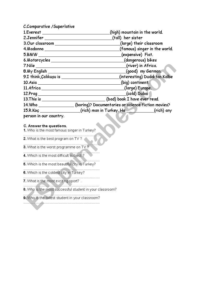 comparatve superlatve  worksheet