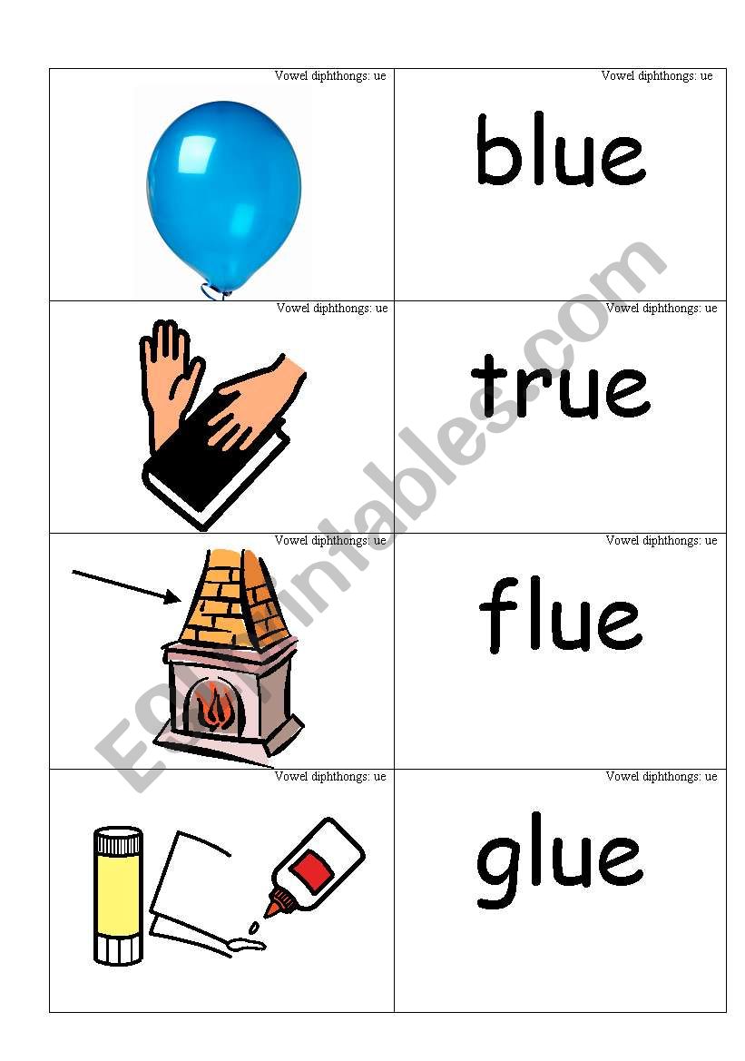 word /picture cards that contains ue as in blue phonics