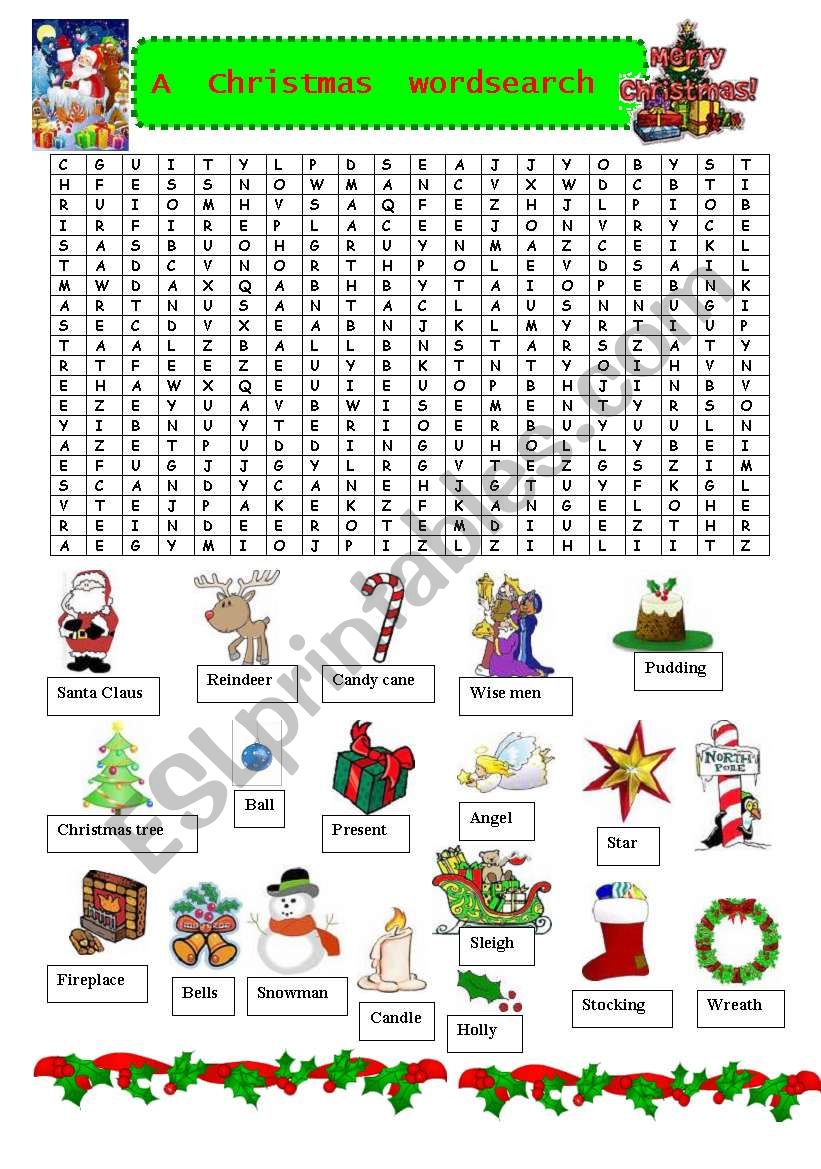 christmas wordsearch worksheet