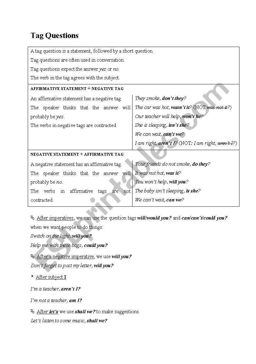 tag questions worksheet