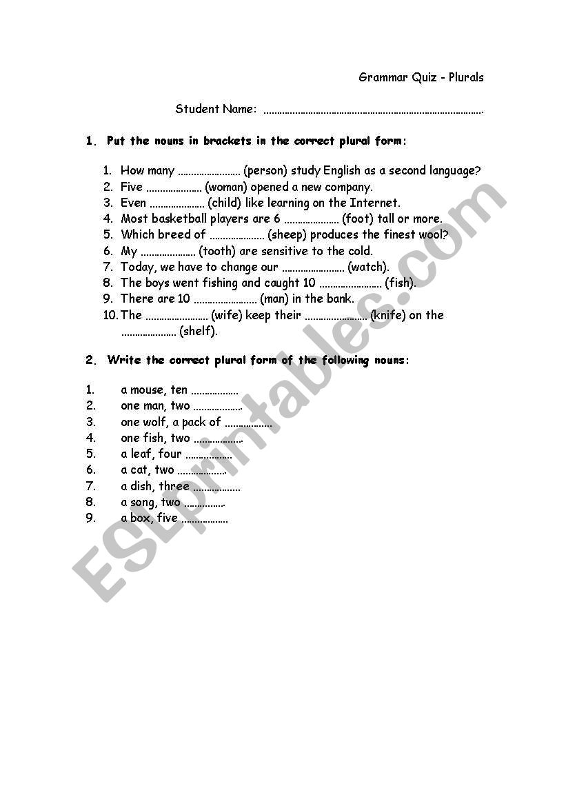 Plurals - quiz worksheet