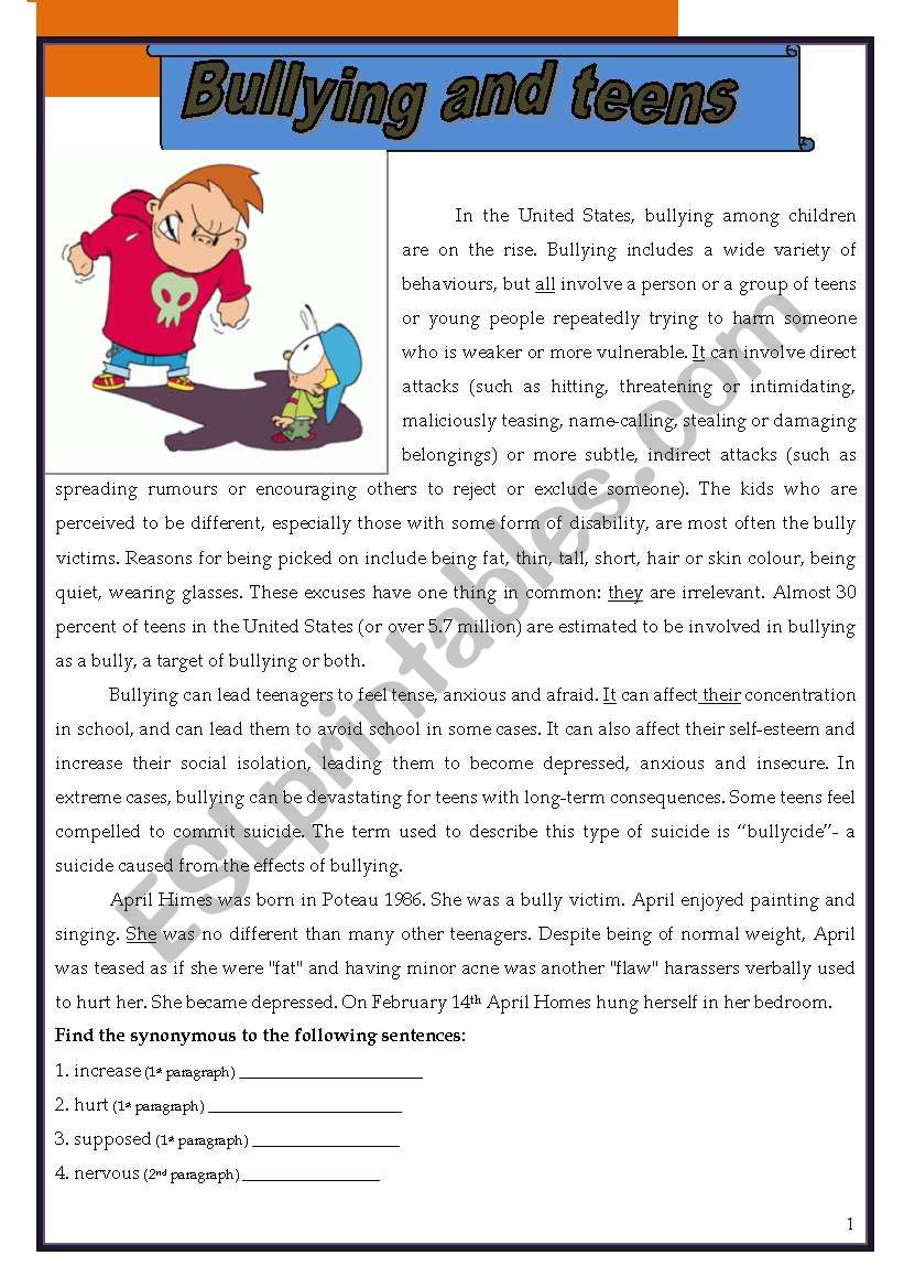 Bullying and teens worksheet